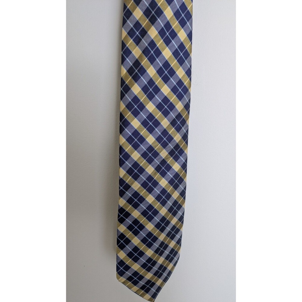 Plaid Navy Blue Yellow 100% Silk Tie Italy Preppy Academia Collegiate Ivy League